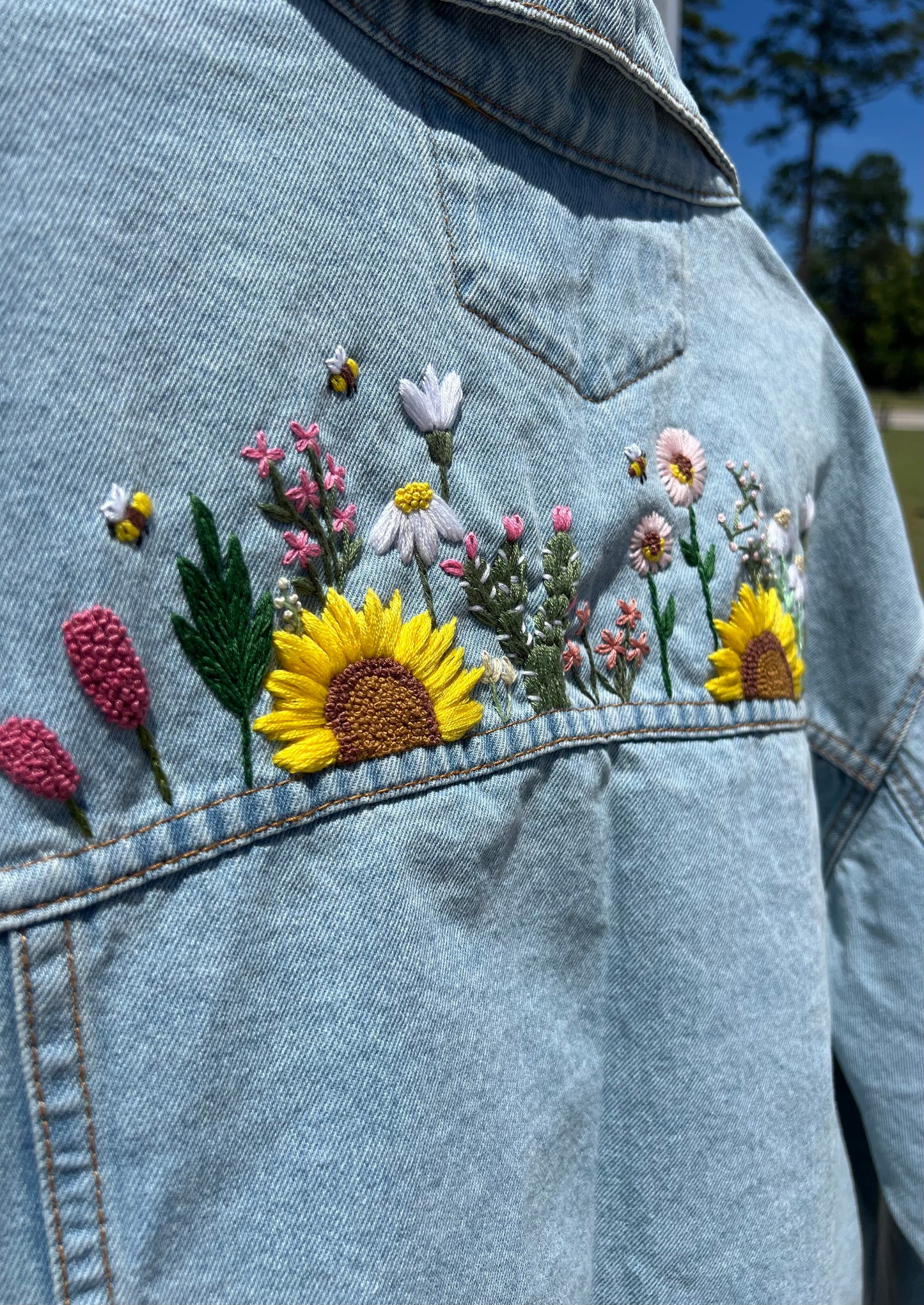 Embroidered Denim Jacket - Light blue/colorful flowers - One Size