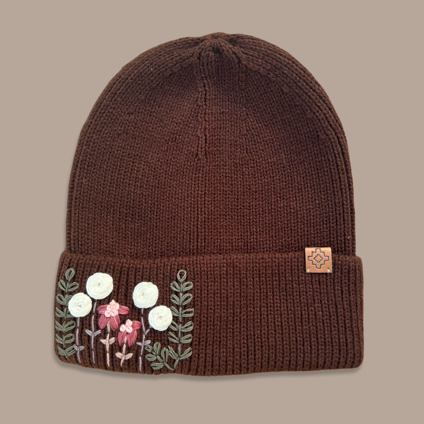 Embroidered Wool Beanie - Chocolate Roses
