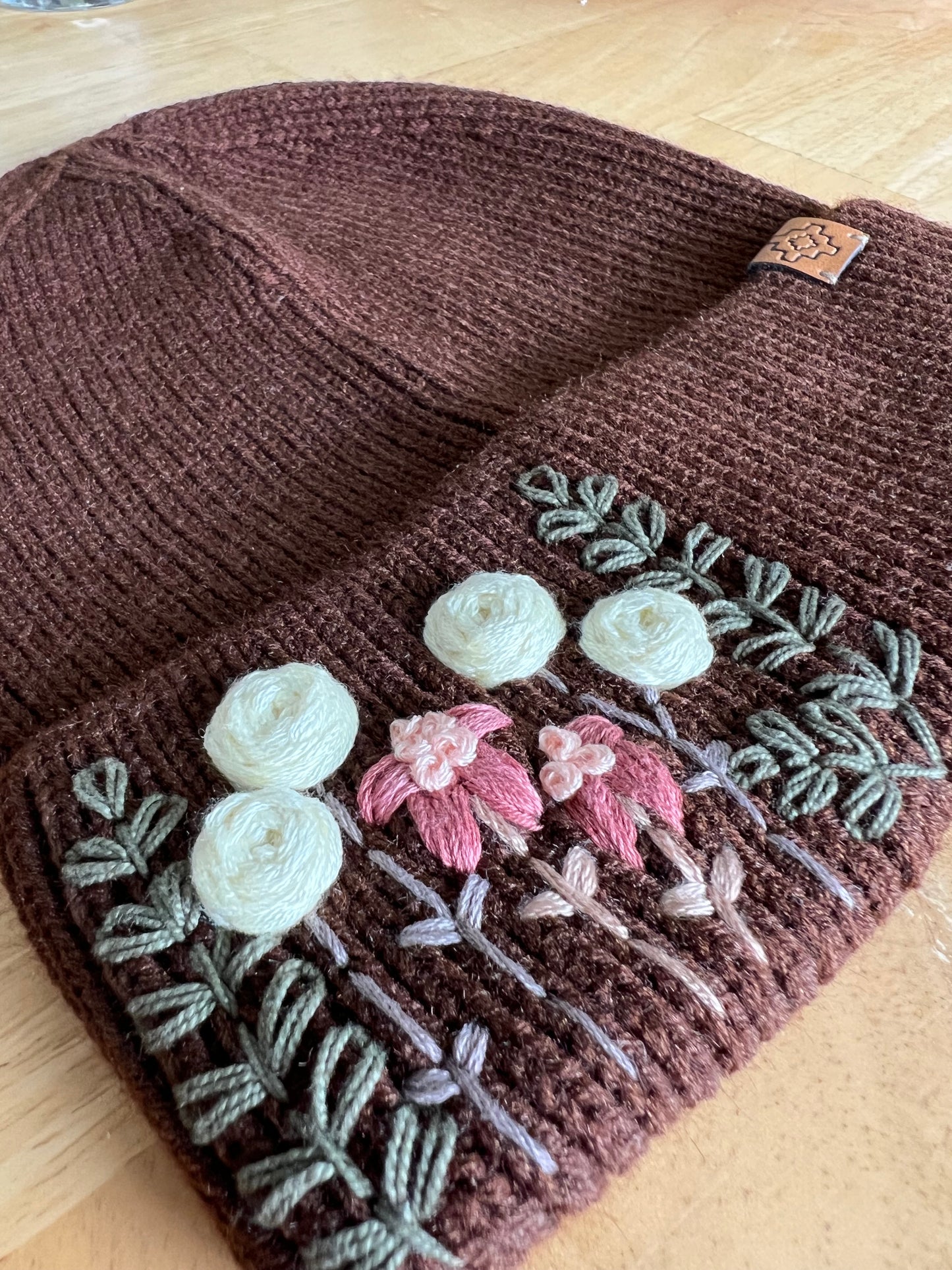 Embroidered Wool Beanie - Chocolate Roses