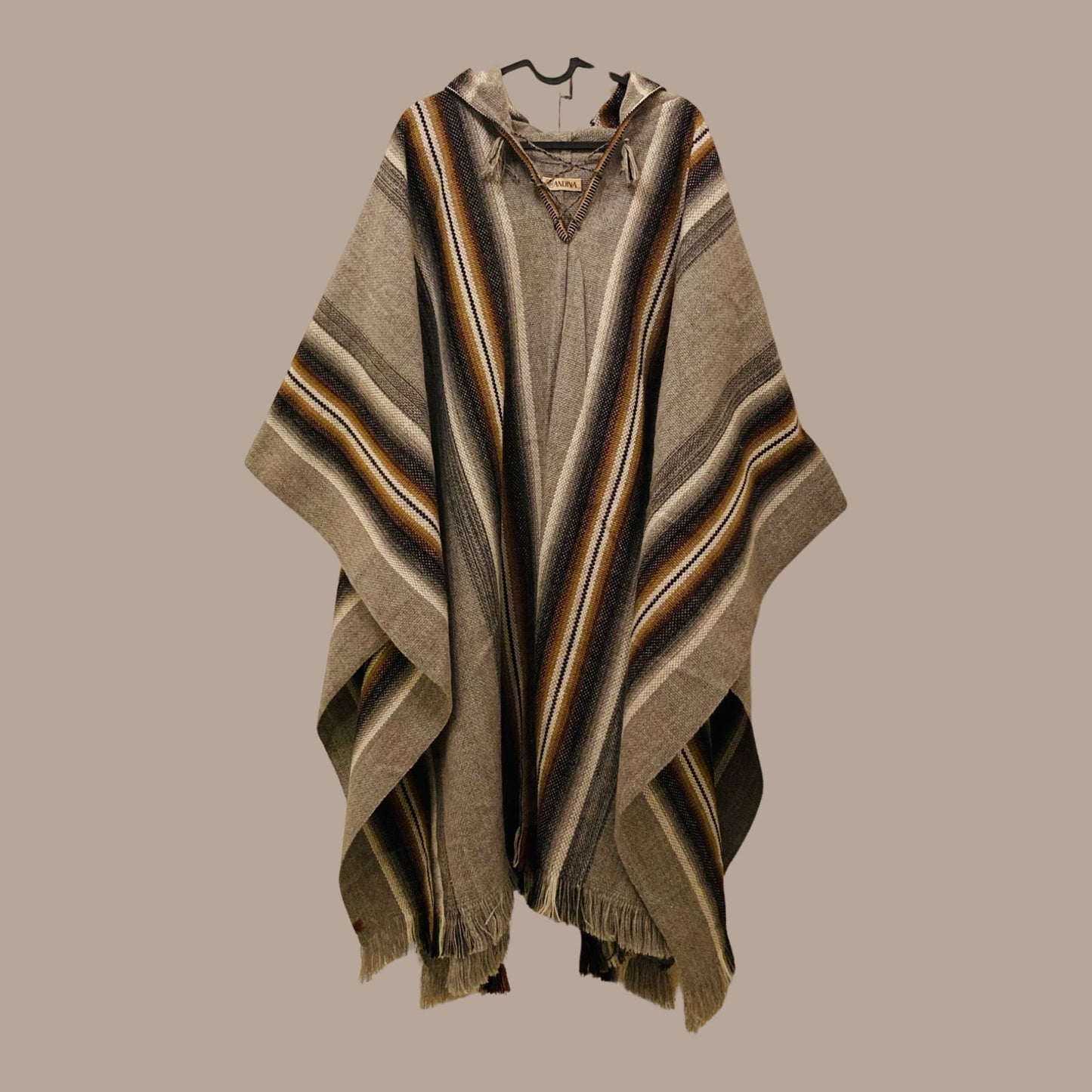 Alpaca Wool Poncho - Light Grey and Brown