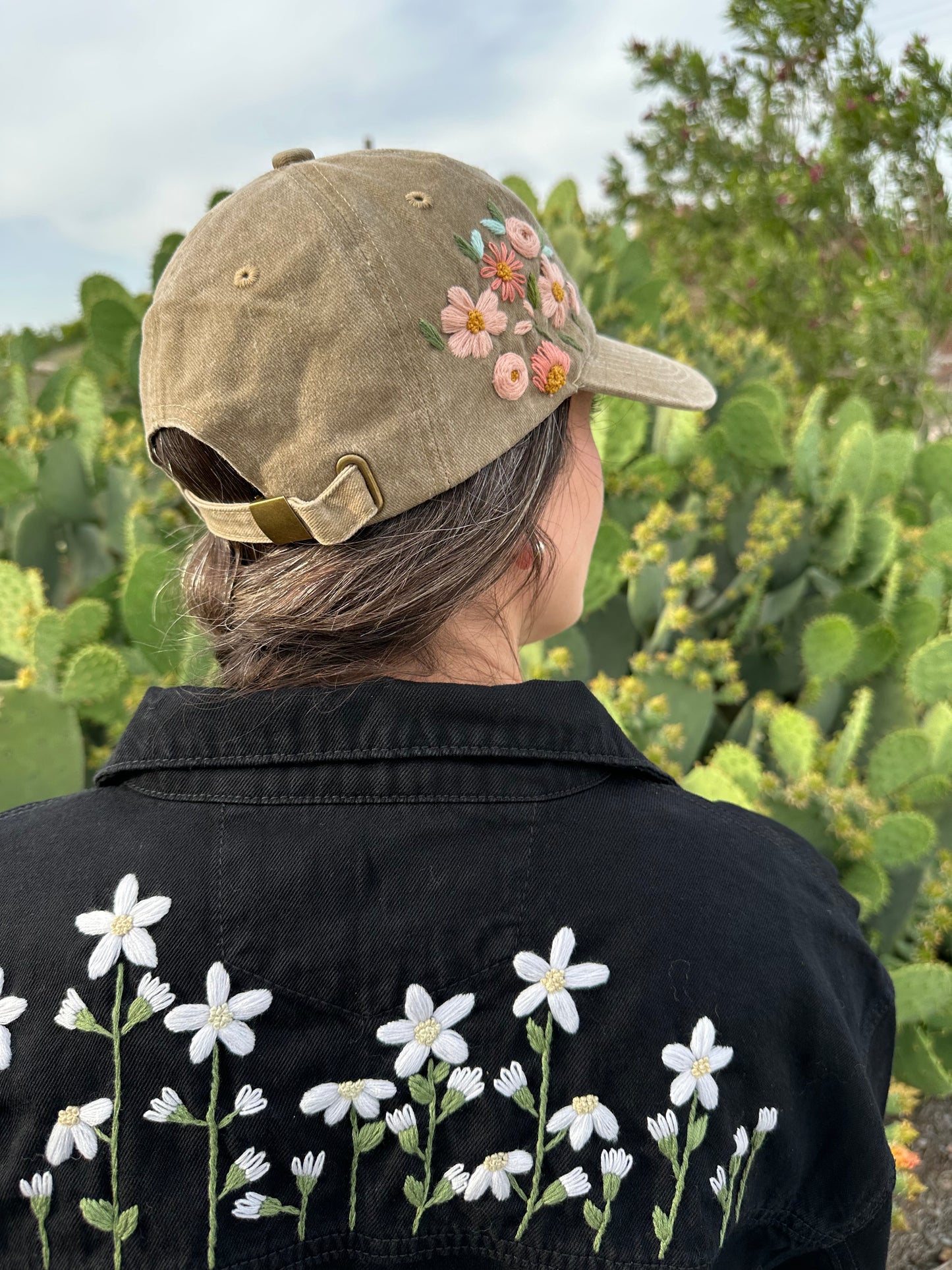 Embroidered Denim Jacket - Black/white flowers - One Size