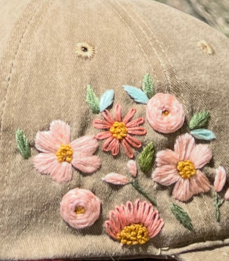 Embroidered Cap - Beige w/ Pink flowers