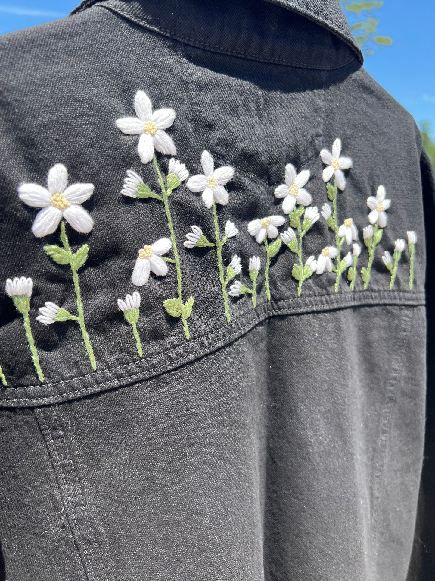 Embroidered Denim Jacket - Black/white flowers - One Size
