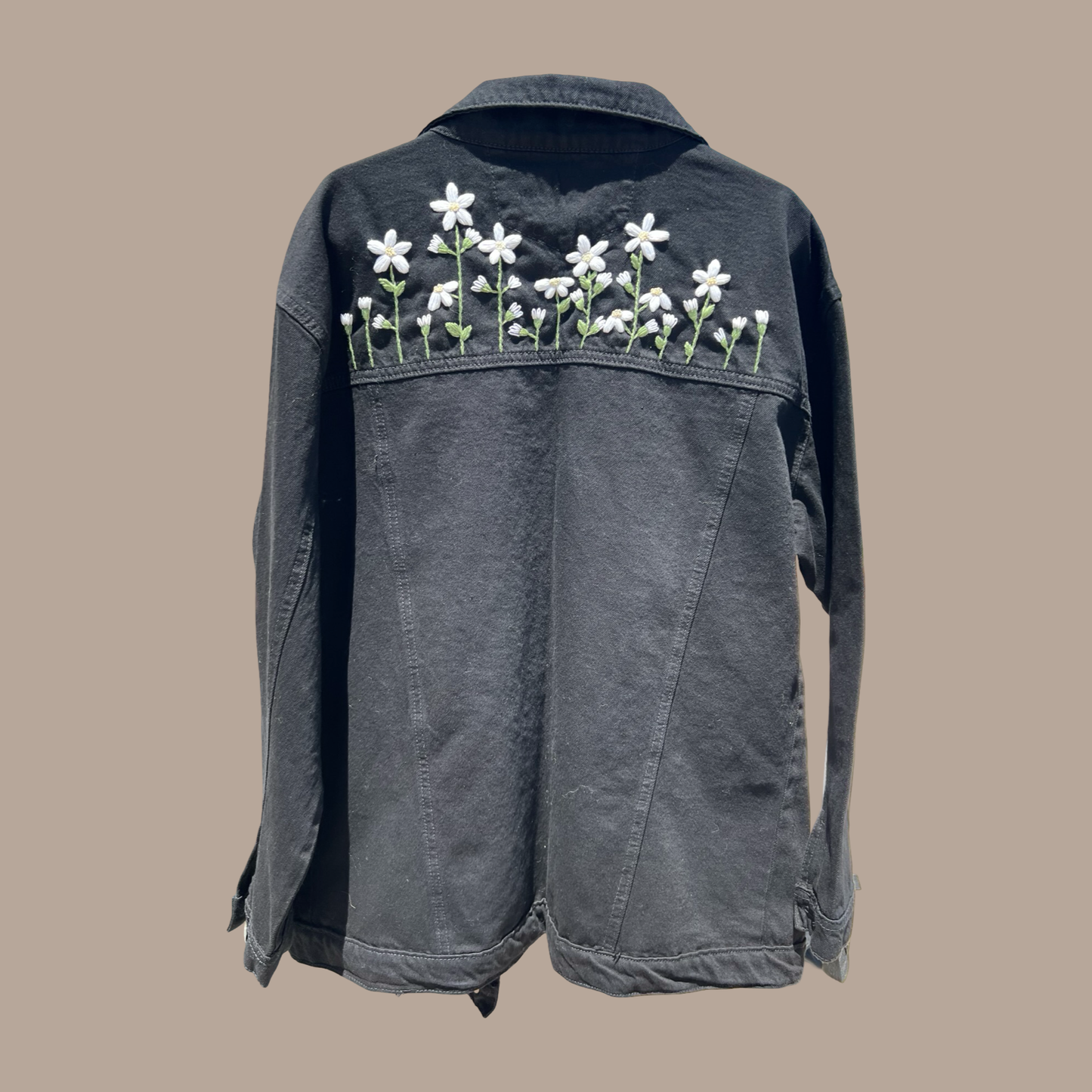 Embroidered Denim Jacket - Black/white flowers - One Size
