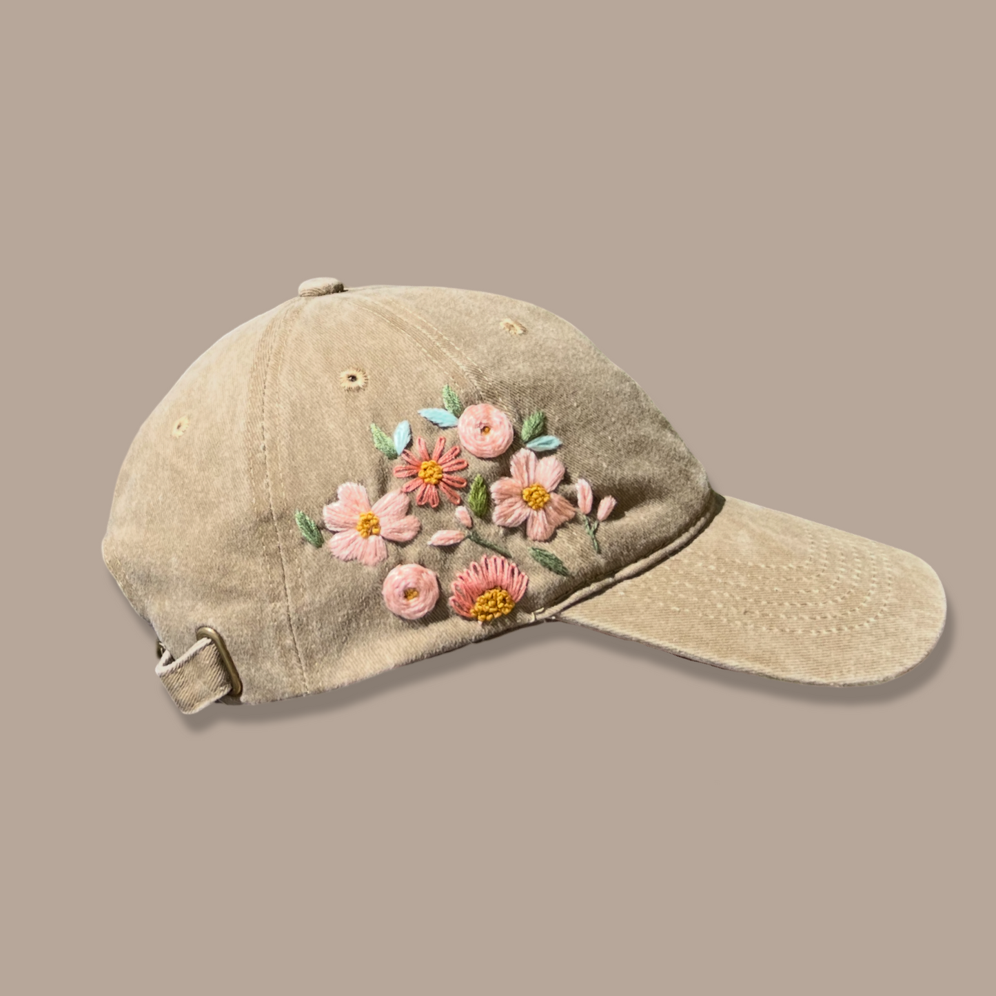Embroidered Cap - Beige w/ Pink flowers