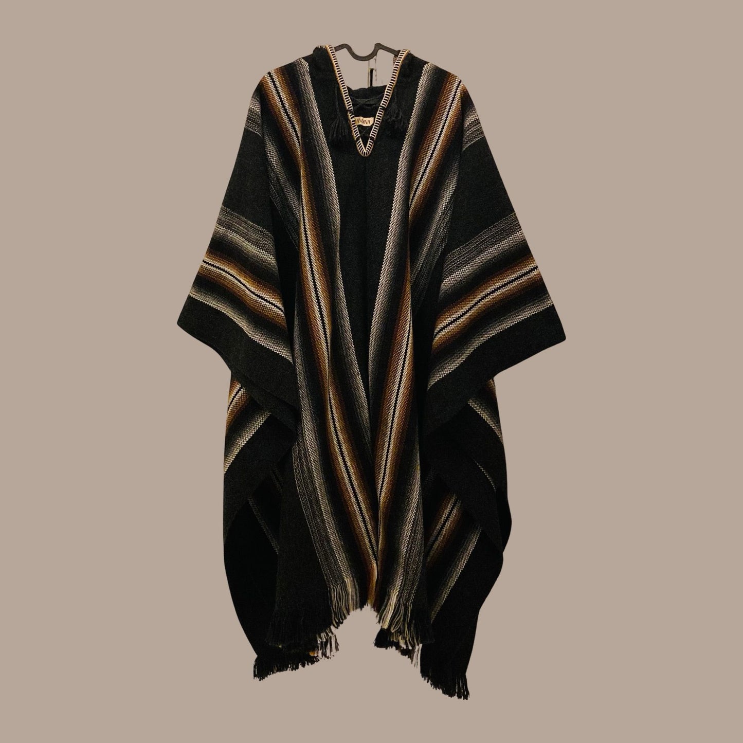Alpaca Wool Poncho - Black, Brown and White